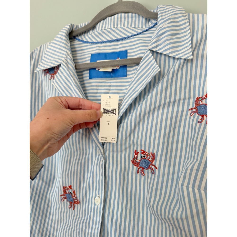 Maeve Blue White Striped Embroidered Cotton Crab Cropped Button Down Shirt L NWT - Picture 4 of 8